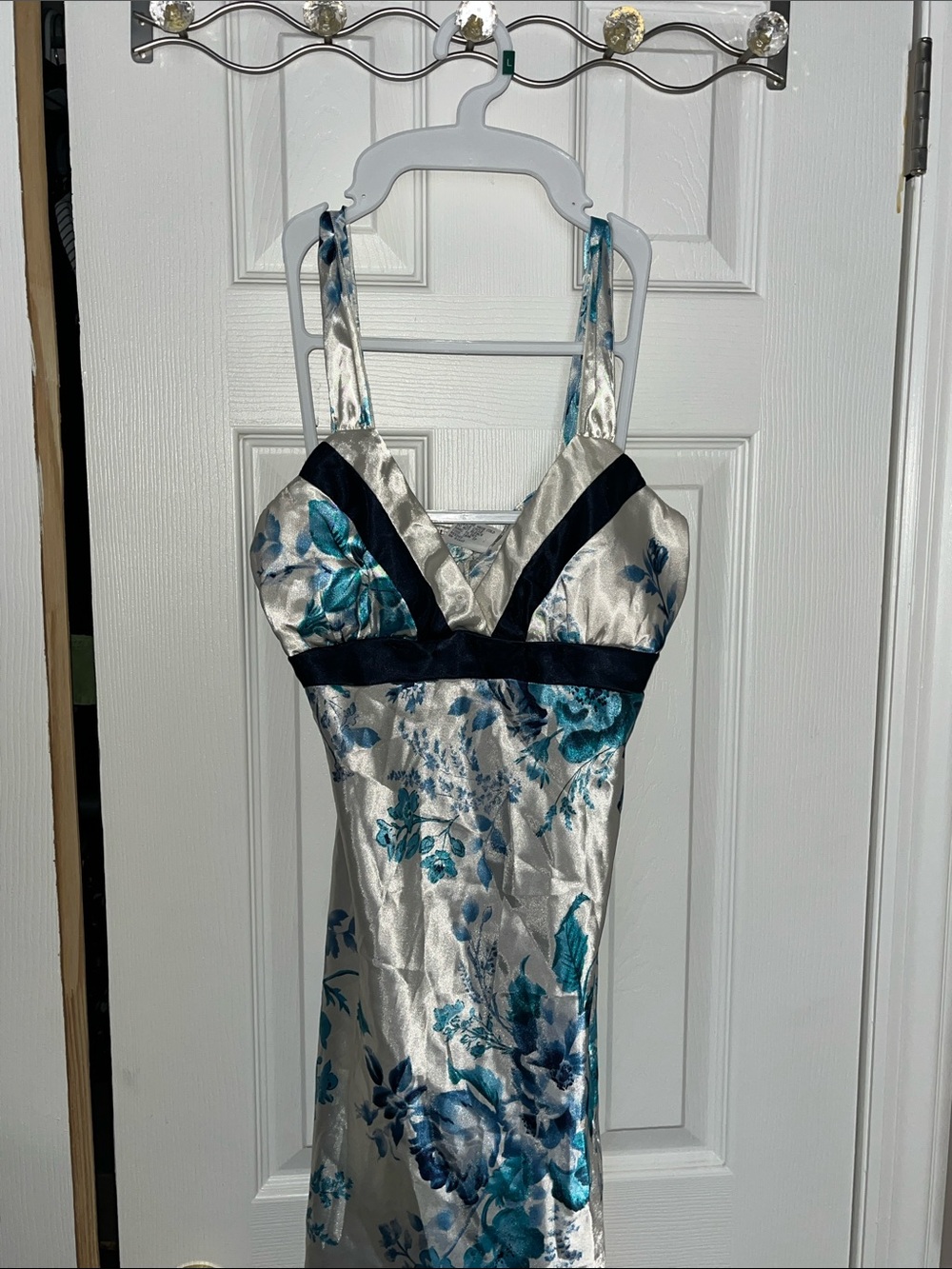 Satin Floral Slip Dress - Ivory with Teal Floral